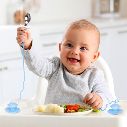 Toddler Utensils, Toddler Fork and Spoon Set Stainless Steel Toddler Silverware Set with Suction and Anti-Dropping Chain, Baby Utensils with Case ...
