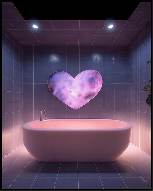 Posterizer 1 pcs-dreamy pink and purple bathroom with heart light-Bathroom Restroom Art-Gift for Men Women Teens- Bathroom, restroom Decor- unfram...