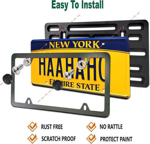 Aootf Front License Plate Mounting Kit- License Plate Bracket & Black Aluminum Car Tag Holder Cover Fit No Drilling Hole Front Bumper, Universal A...