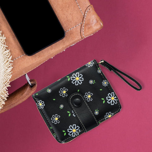 Cute Wallet Women Black Small Wallets Coin Purse Minimalist Flower Design Women's Travel Wallets Leather Credit Card Holder with ID Window Kawaii ...