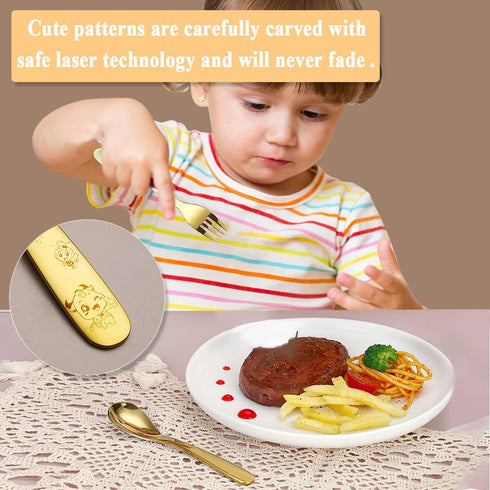 Berglander Gold Toddler Utensils 4 Pieces Golden Titanium Plating Kids Silverware Set, Children Safe Forks and Spoons Flatware, Mirror Polished Sm...