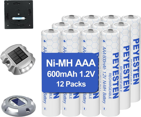1.2V 600mAh Ni-MH AAA Rechargeable Batteries, Triple A Batteries for Outdoor Solar Lights, String Lights, Pathway Lights, Pre-Charged, 12 Pack...