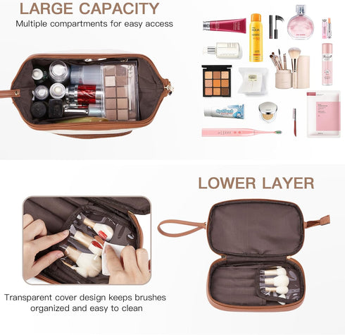 Telena Makeup Bag Large Capacity Travel Cosmetic Bags Double Layer Portable Leather Make Up Bag for Women Beige with Brown...