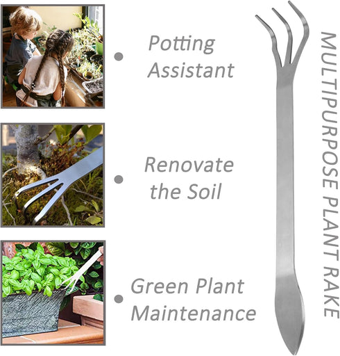 Stainless Steel Soil Rake, Bonsai Soil Loosening Tool 3 Prong Bonsai Rake Stainless Steel Bonsai Rake Suitable for Outdoor Garden Bonsai Root Rake...