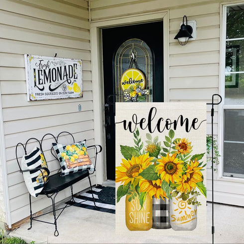 CROWNED BEAUTY Summer Garden Flag Mason Jar Sunflower 12x18 Inch Double Sided for Outside Welcome Burlap Small Seasonal Floral Yard Decoration CF8...
