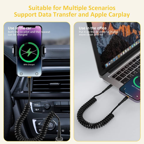 Coiled USB-C to Lightning Cable, Apple Carplay Cord Compatible & MFi Certified, USB C to Lightning Cable with Data Transmission and LED, Retractab...
