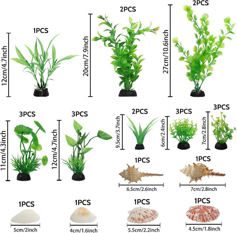 Aquarium Decorations Plants, 25pcs Aquarium Decor Green Plants with Natural Shells, Fish Tank Accessories, Fish Tank Large Plant Plastic Decoratio...