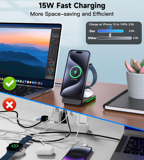 Doeboe Wireless Charging Station for Apple Devices, 3 in 1 Mag-Safe Wireless Charger for iPhone 15 14,13,12 Pro Max/Pro/Plus/Mini, Apple Watch Ult...
