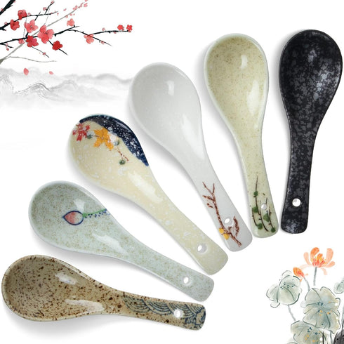 6 Pieces Japanese Retro Ceramics Soup Spoons Japanese Style Rice Spoon Flatware Asian Chinese Serving Spoons Appetizers Tableware Meal Partner for...