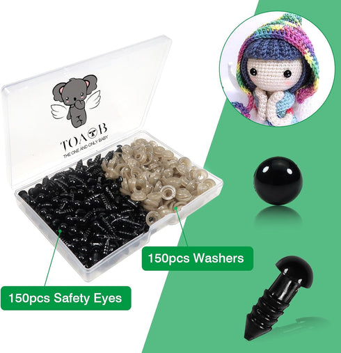 TOAOB 150pcs 6mm Safety Eyes for Amigurumis Craft Crochet Eyes with 150pcs Washers Black Doll Eyes for Crocheting Stuffed Animals Bears Doll Makin...