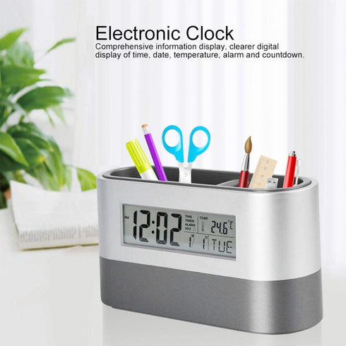 Electronic Pencil Cup, Backlight Calendar Snooze Pen Stationery Storage Holder Multifunctional Desk Clock Digital Screen Alarm with LCD Display Th...