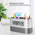 Electronic Pencil Cup, Backlight Calendar Snooze Pen Stationery Storage Holder Multifunctional Desk Clock Digital Screen Alarm with LCD Display Th...