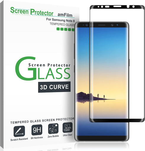 amFilm Glass Screen Protector for Samsung Galaxy Note 8, Full Screen Coverage, 3D Curved Tempered Glass, Dot Matrix with Easy Installation Tray (B...