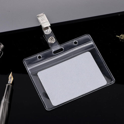 Clear ID Badge Holder with Metal Badge Clips, 2 Pack Soft Plastic Badge Card Sleeves Waterproof Credit Card Protector Transparent Name Card Case f...