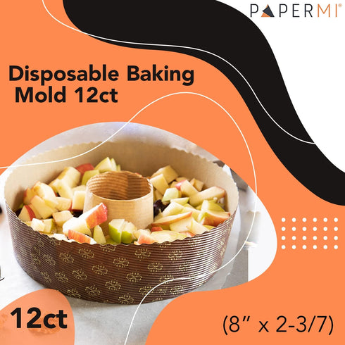 Round Paper Cake Pans – 12pcs, 8” x 2.4”, 35oz – Oven, Microwave & Freezer Safe Panettone Paper Mold With Hole – Non Stick, Disposable & Presentab...