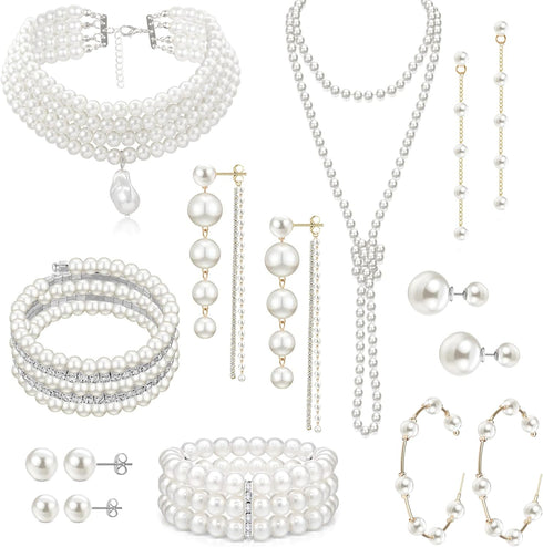 EIELO 16 Pcs Pearl Necklace Earrings Set for Women Simulated Pearl Bracelet Faux Pearl Necklace Dangle Earrings Jewelry Set...