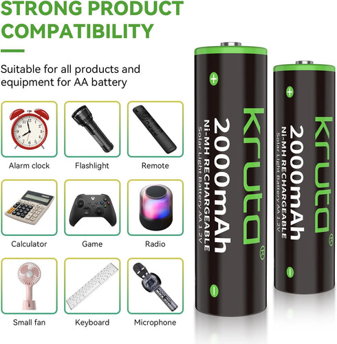 Kruta Ni-MH AA Rechargeable Batteries 2000mah, Double A High Capacity 1.2V Pre-Charged for Garden Landscaping Outdoor Solar Lights, String Lights,...