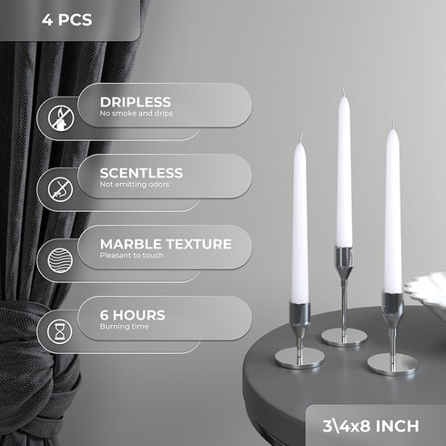 CANDWAX White Taper Candles 8 inch Dripless - Set of 4 Tapered Candles Ideal as Dinner Candle - Smokeless and Unscented Taper Candles Long Burning...