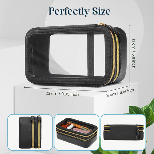Clear Makeup Bag, Double Layer Cosmetic Bag with Zipper, Portable Make Up Case with Compartments, Travel Toiletry Makeup Bags Organizer for Women ...