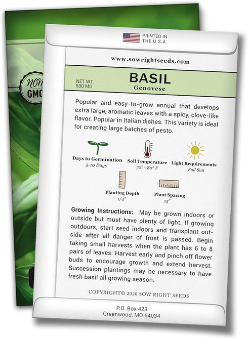 Sow Right Seeds - 5 Herb Seed Collection for Planting - Genovese Basil, Chives, Cilantro, Italian Parsley, and Oregano to Plant and Grow a Home Ve...