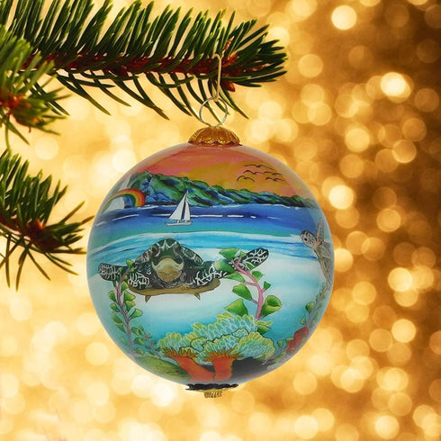 Collectible Hawaiian Glass Ornament Hand Painted Sea Turtles in The sunsetwith Gift Box Hand Painted Sea Turtles in The Sunset...