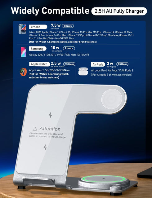 3 in 1 Charging Station for Multiple Devices Apple - Aluminum Alloy Fast Wireless Charger Stand Dock for iPhone 15/14/13/12/11/Pro/Max/XS/XR/X/Plu...