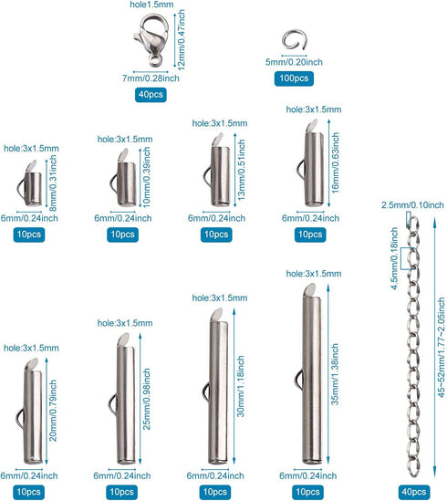 Beadthoven 260pcs 8sizes Stainless Steel Tube Slide On End Clasps with Twist Extender Chains Jump Rings Lobster Claw Clasps Crimp Cord Ends Findin...