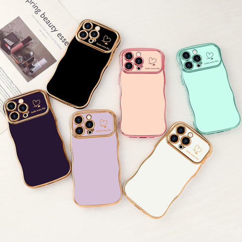 LCHULLE for iPhone 15 Pro Max Case for Women Girls, Cute Wave Frame Curly Shape with Love Heart Raised Camera Protection Cover Luxury Plating Shoc...