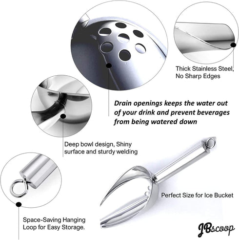 Ice Scoop with Holes. Stainless Steel Ice Scoop with Drain Holes to Reduce Unwanted Dilution. Heavy Duty and Dishwasher Safe. Six Ounce Capacity....
