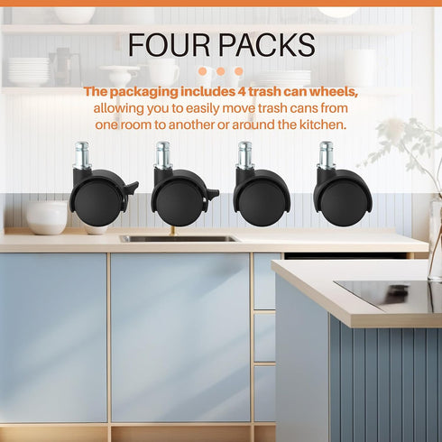 Trash Can Mobile Attachable Wheels Replacement for 8 Gallon to 23 Gallon iTouchless Trash Cans, for Stainless Garbage Can Wheels Parts - 4 Pcs...