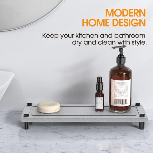 Instant Dry Bathroom Kitchen Sink Organizer, Diatomite Stone Drying Tray for Soap Dispenser, Sponge Brush and Toothbrush Cup, Countertop Fast Dryi...