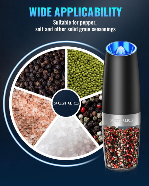 Sweet Alice Gravity Electric Pepper/Salt Grinder, Salt or Pepper Mill & Adjustable Coarseness, Battery Powered with LED Light, One Hand Automatic ...
