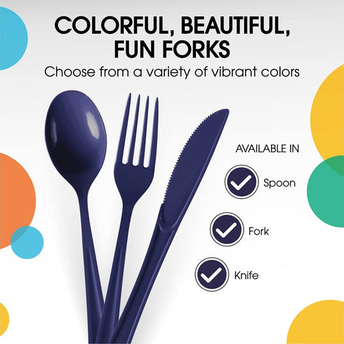 Disposable Navy Plastic Forks 50 Pcs - Heavy Duty Navy Plastic Disposable Cutlery - Navy Disposable Flatware, Navy Plastic Silverware, Plastic For...