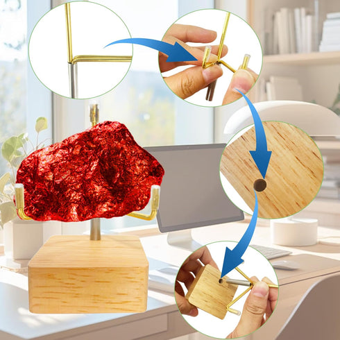 4 Pcs Rock Display Stand with Wooden Base Adjustable Metal Arm Display Stand Easel Crystal Display Stand Small Rock Collection Display Mineral Dis...
