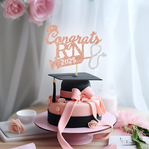 Rose Gold Glitter Congrats RN 2025 Cake Topper - 2025 Graduation Party Decoration, 2025 Nurse Congrats Grad Photo Prop...