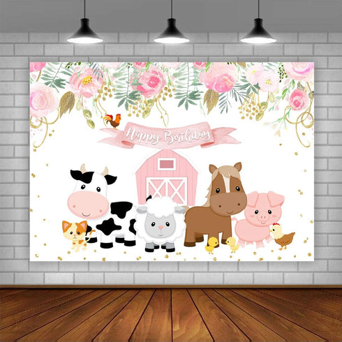 Lofaris Pink Farm Animals Birthday Backdrop - Barnyard Theme Background for Little Princess Birthday Party Decorations - Cute Farmhouse Flower Gir...