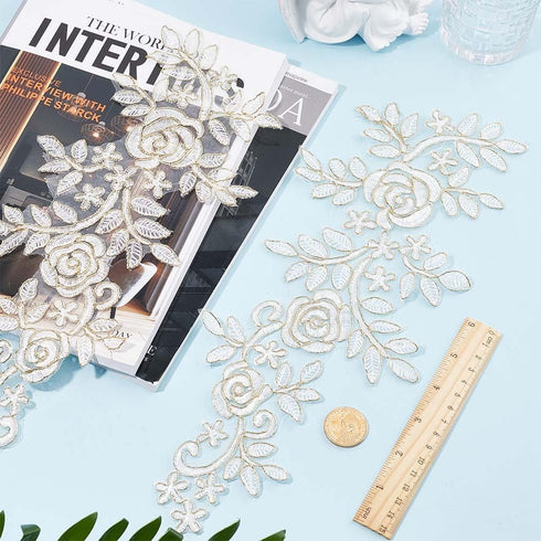 GORGECRAFT 4Pcs Embroidery Lace Appliques Flower Embroidered Patch Gold Metallic Edge Floral Lace Fabric Sew on Appliques for DIY Sewing Crafts We...