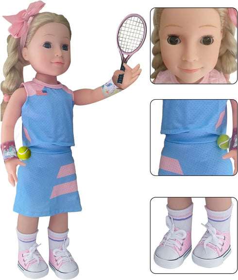 18inch Doll Clothes and accessories-18 Dolls Tennis Sports Outfits-Tops, Short Skirt, Headbands, Hair Band?Doll Socks, Dolls Shoes, Rackets, Ball...