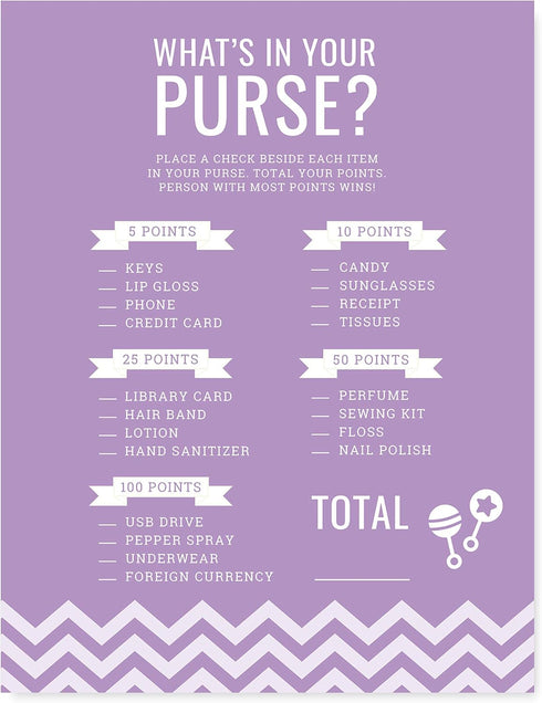 Andaz Press Lavender Chevron Girl Baby Shower Collection, Games, Activities, Decorations, What's in Your Purse? Game Cards, 20-pack...