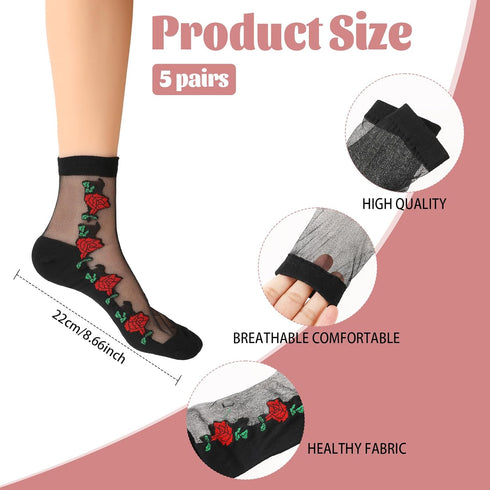 5 Pairs Womens Sheer Socks Sheer Socks Women Ankle Vintage Flower Lace Mesh Crystal Glass Socks for Women...