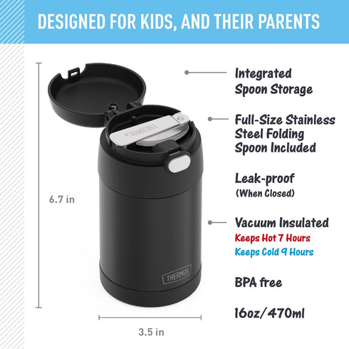 THERMOS FUNTAINER Insulated Food Jar, 16 Ounce, Kid Friendly Food Jar with Foldable Spoon, Matte Black...