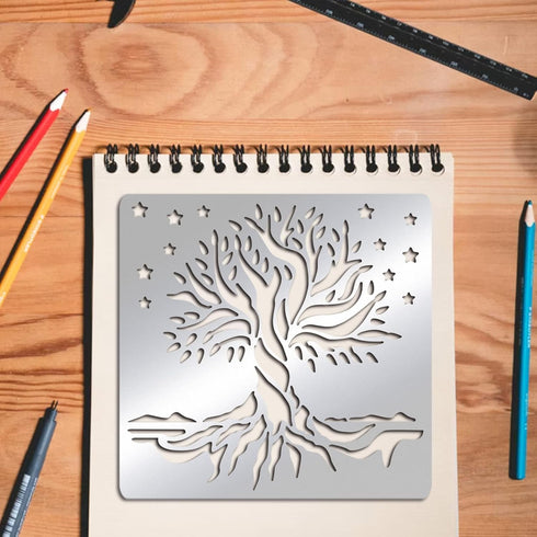 FINGERINSPIRE Tree of Life Metal Journal Stencil Stars Metal Painting Template Stainless Steel Multifunctional Planner Metal Stencils Templates fo...