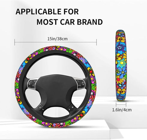 Hippie Flower Steering Wheel Cover Car Accessories Cute for Women Girls Girly Universal 15 Inch Neoprene Auto Interior Decor Anti Slip Car Truck P...