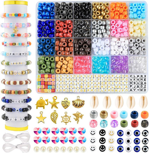DULEFUN Pony Beads Bracelet Making Kit 24 Colors Kandi Pony Beads with Letter Alphabet Clay Heart Beads and Charms Hair Beads Braids for Women Gir...