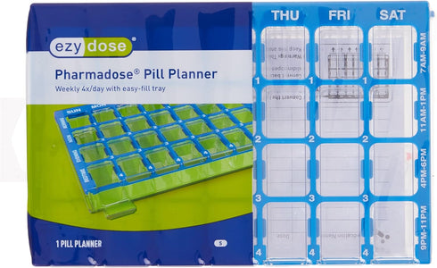 Ezy Dose Weekly (7-Day) Pill Case, Medicine Planner, Vitamin Organizer Box, Small Compartments with Easy Fill Tray, 4 Times a Day, Clear Lids, Col...
