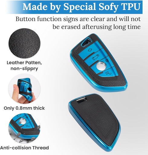 for BMW Cover With Leather Keychain, Advanced Blade Shape Soft TPU Surface Grain Fob Cover for New BMW Smart Key (Blue B)...