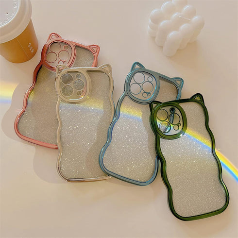 Compatible with iPhone 11 Case for Women/Girls, Cute Cat Ears Luxury Plating Glitter Bling Back Curly Wave Anti-Scratch Shockproof Case for iPhone...