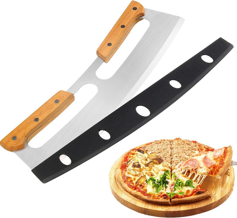 Pizza Cutter Rocker with Wooden Handles & Protective Cover by Zocy, 14" Sharp Stainless Steel Pizza Slicer Wheel, Big Pizza Knife Cutters for Kitc...