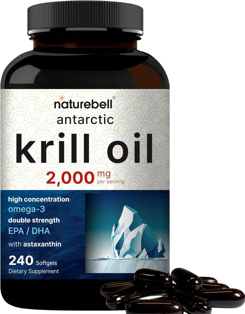 Antarctic Krill Oil 2000mg Supplement, 240 Softgels, 3X Strength Natural Source of Omega-3s, EPA 240mg + DHA 160mg + Astaxanthin 800mcg – No Fishy...