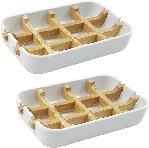 2 Pack Bamboo Soap Dish, Self-Draining Soap Box, Wooden Bamboo Bar Soap Holder for Shower, Bathroom, Kitchen, Bathtub, Bar Sink (White)...